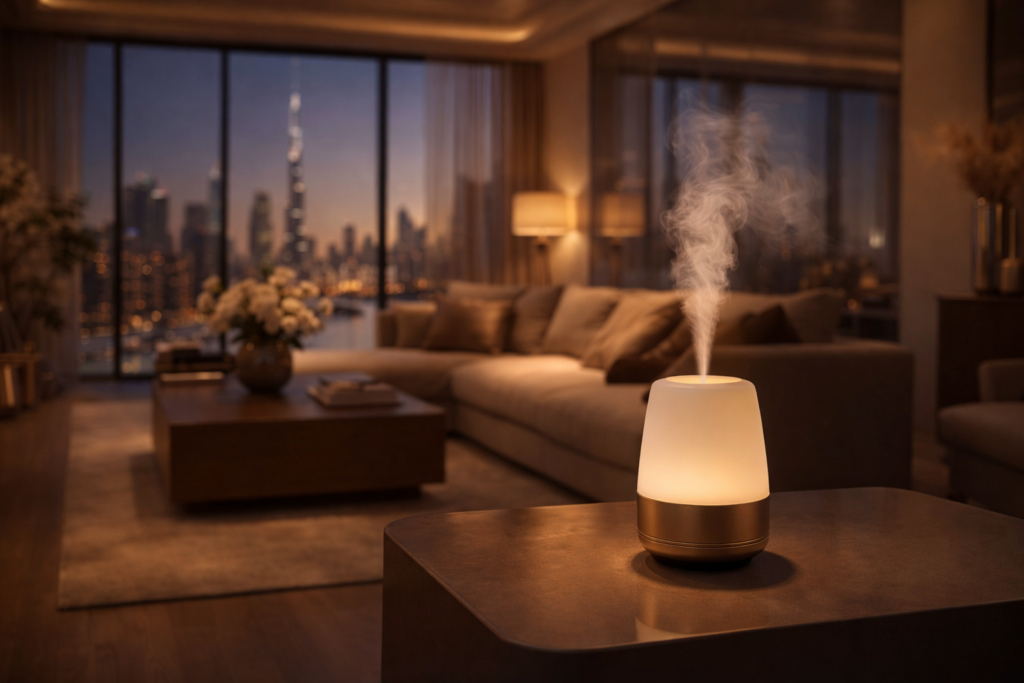Luxury home fragrance diffuser in a modern Dubai living room creating a premium scent ambiance