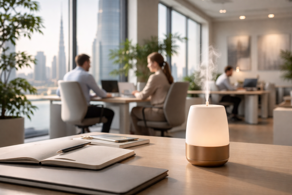 Smart fragrance diffuser used in a modern Dubai office to improve workspace environment